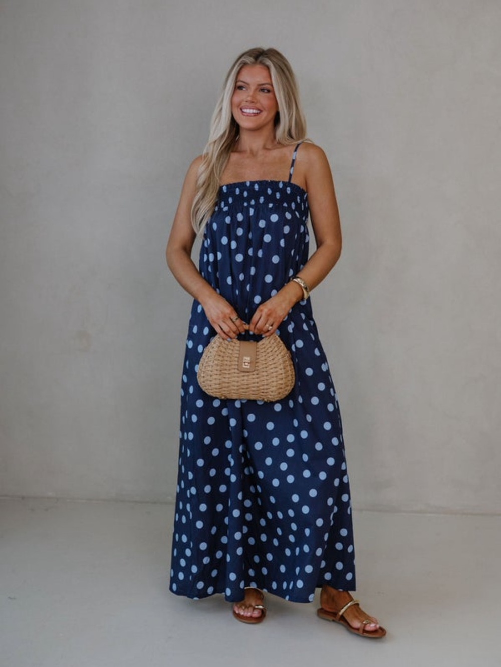 These Three Navy Polka Dot Maxi Dress with Adjustable Spaghetti Straps